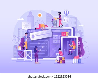 Web developing process. Website under construction in flat design. Maintenance page or 404 error illustration with developers team building or upgrading site, implementing services and new features.