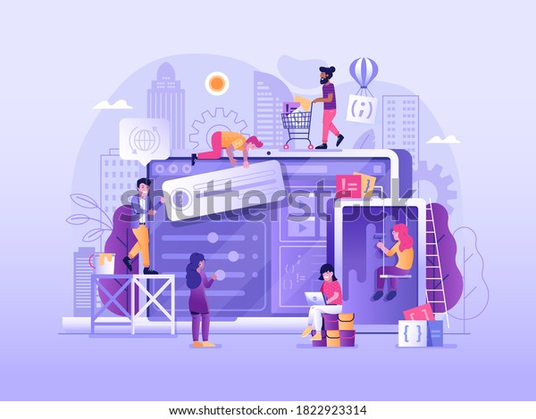 Web developing process. Website under\
construction in flat design. Maintenance page or 404 error\
illustration with developers team building or upgrading site,\
implementing services and new\
features.