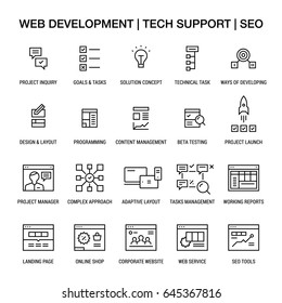 Web developing. Tech support. SEO. Icons set. Linear. Black on white.