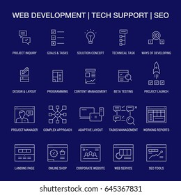 Web developing. Tech support. SEO. Icons set. Linear. Gray on blue.