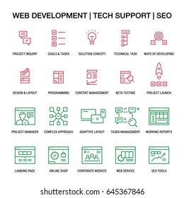 Web developing. Tech support. SEO. Icons set. Linear. Colored on white.