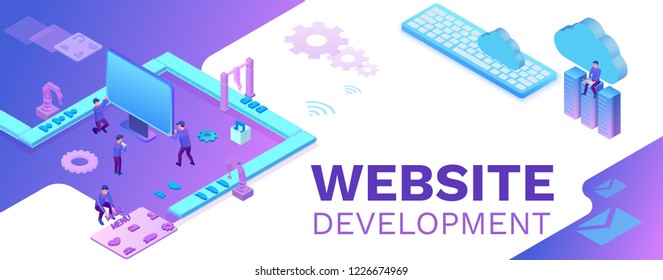 Web development 3d isometric concept, software management vector illustration with developer at conveyor building website, trendy violet background, landing page template