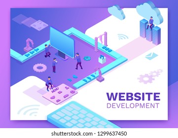 Web development 3d isometric concept, software management vector illustration with developer at conveyor building website, trendy violet background, landing page template