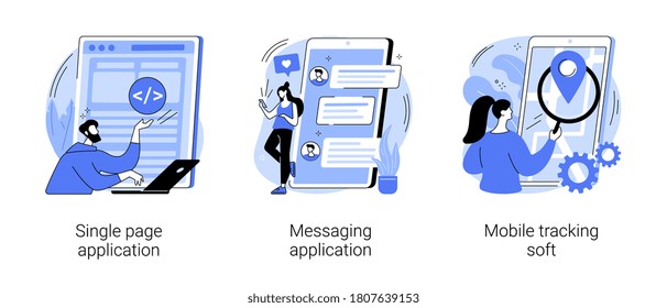 Web Development Abstract Concept Vector Illustration Set. Single Page Application, Messaging Application, Mobile Tracking Soft, Web Page, Responsive Website, Chat App, Gps Tracking Abstract Metaphor.