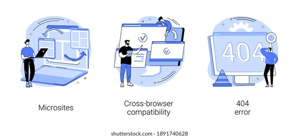 Web development abstract concept vector illustration set. Microsite interface, cross-browser compatibility, 404 error, programming, company page, page not found, website user abstract metaphor.