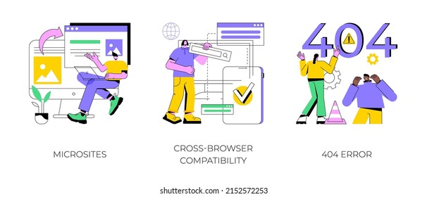 Web development abstract concept vector illustration set. Microsite interface, cross-browser compatibility, 404 error, programming, company page, page not found, website user abstract metaphor.