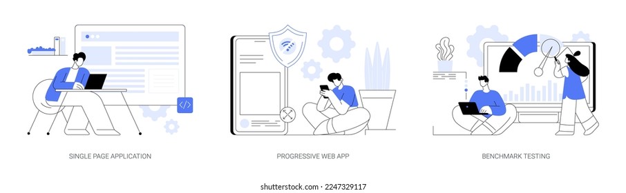 Web development abstract concept vector illustration set. Single page application, progressive web app, benchmark testing, responsive website, application working offline abstract metaphor.