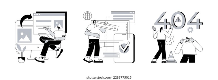 Web development abstract concept vector illustration set. Microsite interface, cross-browser compatibility, 404 error, programming, company page, page not found, website user abstract metaphor.