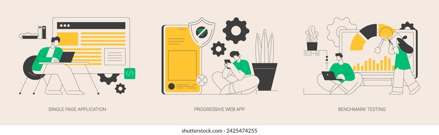 Web development abstract concept vector illustration set. Single page application, progressive web app, benchmark testing, responsive website, application working offline abstract metaphor.