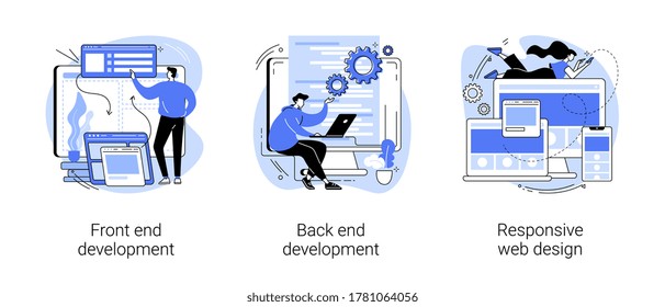 Web development agency abstract concept vector illustration set. Front and back end development, responsive web design, website interface, coding and programming, user experience abstract metaphor. svg
