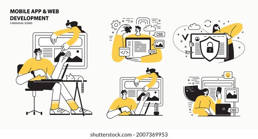 Web development agency abstract concept vector illustration set. Front and back end development, responsive web design, website interface, coding and programming, cyber security