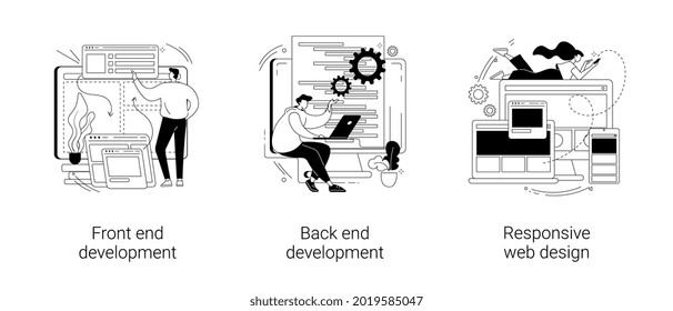 Web development agency abstract concept vector illustration set. Front and back end development, responsive web design, website interface, coding and programming, user experience abstract metaphor.