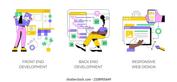 Web development agency abstract concept vector illustration set. Front and back end development, responsive web design, website interface, coding and programming, user experience abstract metaphor. svg