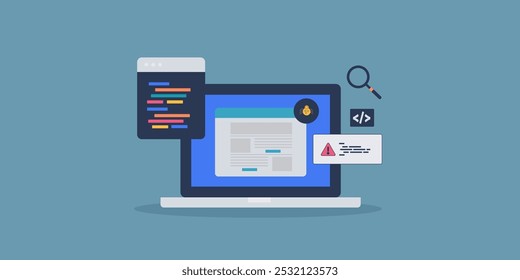 Desenvolvimento para Web, conceito de desenvolvimento de aplicações, Programação de software, Correção de erros de Web, correção de erros - ilustração vetorial com ícones