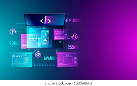 Webentwicklung, Anwendungsdesign, Programmierung und Programmierung auf Laptop- und Smartphone-Konzepten mit Programmiersprache, Programmcode und Layout auf Bildschirmvektoren.