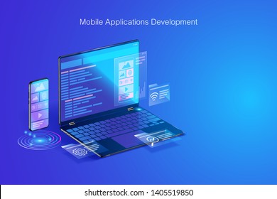 Web development, application design, coding and programming on laptop and smartphone concept with programming language and program code and layout on screen vector