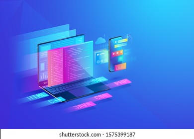 Desarrollo web, diseño de aplicaciones, codificación y programación en el concepto de laptop y smartphone con lenguaje de programación y código de programa y diseño en el vector de pantalla.