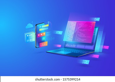 Web development, application design, coding and programming on laptop and smartphone concept with programming language and program code and layout on screen vector.