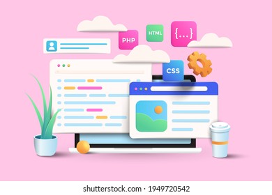 Web development, application design, coding, and programming on laptop concept on pink background. 3d Vector Illustration - Shutterstock ID 1949720542