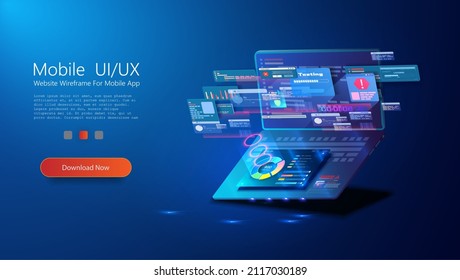 Web development, application design, coding and programming on laptop on isolated background. Adaptive layout internet page or web interface on screen. Programming, cross-platform code testing. Vector