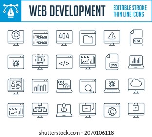 Web development and Application thin line icons. Software, Coding and Programming outline icon set. Editable stroke icons.