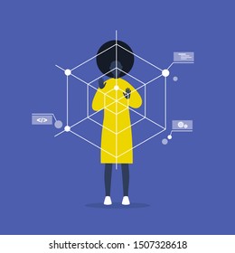 Web Development. Augmented reality. Young black female engineer working with data. Programming. Flat editable vector illustration, clip art