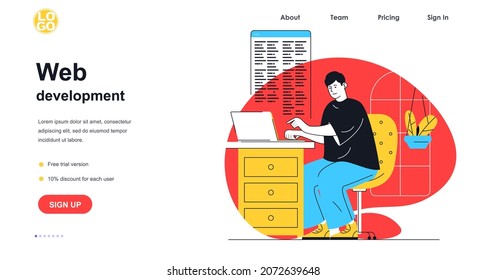 Web development web banner concept. Man works with code on laptop, tests and optimizes page, customizes and programming, landing page template. Vector illustration with people scene in flat design