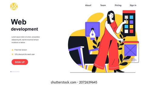 Web development web banner concept. Woman designer works with graphic elements and chooses color palette of site interface, landing page template. Vector illustration with people scene in flat design