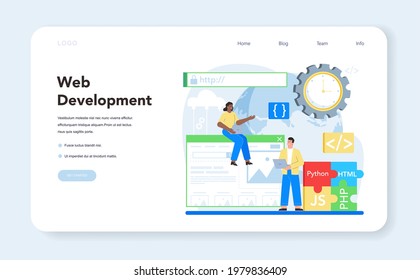 Web development web banner or landing page. Website optimization and web page interface design. Coding and testing site in the internet. Modern technology idea. Isolated flat vector illustration