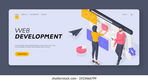 Web development banner template. Isometric vector illustration. Programmers developing web software. Man browsing smartphone near female coder programming online application