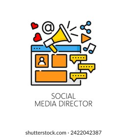 Web development career, social media director job, IT specialist vacancy line color icon. Website application development, IT technology specialist line vector icon with browser page, loudspeaker