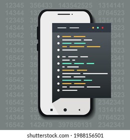 Web Development, code, html, css, java script on phone. HTML code website. Programming html with smartphone. Illustration vector