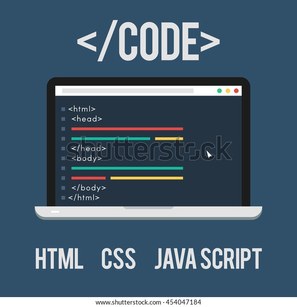 ウェブ開発 コード Html Css Javaスクリプト フラットのノートパソコンのコンセプトアイコン ウェブデザインバナーのベクターイラストをサイトまたは印刷 のベクター画像素材 ロイヤリティフリー