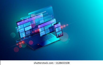 Web development and coding. Cross platform development website. Adaptive layout internet page or web interface on screen laptop, tablet and phone. Isometric concept illustration. - Shutterstock ID 1128653108