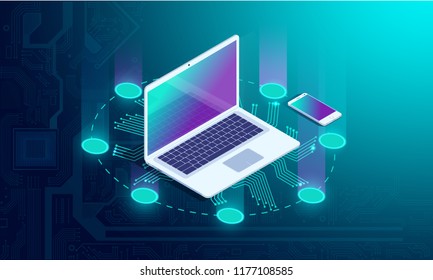 Web development and coding. Cross platform development website. Adaptive layout internet page or web interface on screen laptop, tablet and phone. Isometric concept illustration.