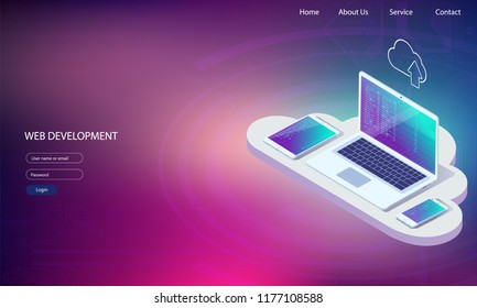 Web development and coding. Cross platform development website. Adaptive layout internet page or web interface on screen laptop, tablet and phone. Isometric concept illustration.