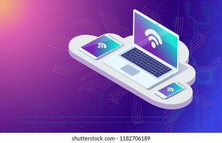 Web development and coding. Cross platform development website. Adaptive layout internet page or web interface on screen laptop, tablet and phone. Isometric concept illustration.