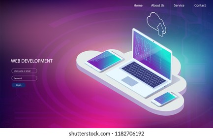 Web development and coding. Cross platform development website. Adaptive layout internet page or web interface on screen laptop, tablet and phone. Isometric concept illustration.