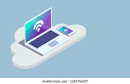 Web development and coding. Cross platform development website. Adaptive layout internet page or web interface on screen laptop, tablet and phone. Isometric concept illustration.