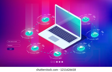 Web development and coding. Cross platform development website. Adaptive layout internet page or web interface on screen laptop, tablet and phone. Isometric concept illustration.