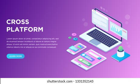 Web development and coding. Cross platform development website. Adaptive layout internet page or web interface on screen laptop, tablet and phone. Isometric concept illustration. 