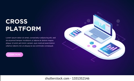 Web development and coding. Cross platform development website. Adaptive layout internet page or web interface on screen laptop, tablet and phone. Isometric concept illustration. 