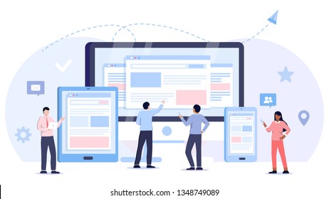 Web development and coding. Cross platform development website. Adaptive layout internet page or web interface on screen laptop, tablet and phone. Small people are working on creating a website