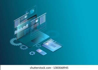 Web development and coding. Cross platform development website. Adaptive layout internet page or web interface on screen laptop, tablet and phone. Isometric concept illustration.