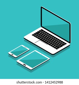 Web development and coding. Cross platform development website. Adaptive empty screen laptop, tablet and phone. Isometric concept . Cloud technology storage. Isometric devices set