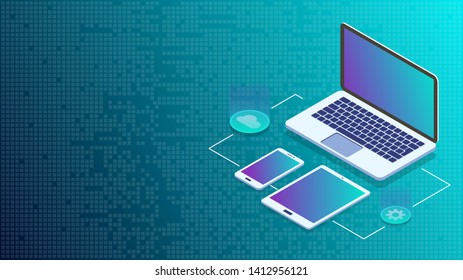 Web Development And Coding. Cross Platform Development Website. Adaptive Layout Internet Page Or Web Interface On Screen Laptop, Tablet And Phone. Isometric Concept . Cloud Technology Configuration