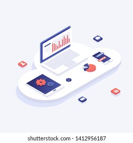 Web Development And Coding. Cross Platform Development Website. Adaptive Layout Internet Page Or Web Interface On Screen Laptop, Tablet And Phone. Isometric Concept Illustration. Cloud Technology