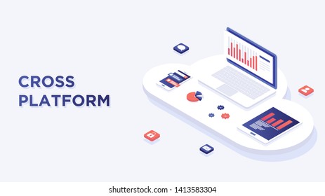 Web Development And Coding. Cross Platform Development Website. Adaptive Layout Internet Page Or Web Interface On Screen Laptop, Tablet And Phone. Isometric Concept Illustration. Cloud Technology