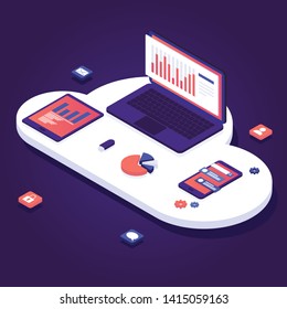 Web development and coding. Cross platform development website. Adaptive layout internet page or web interface on screen laptop, tablet and phone. Isometric concept . Cloud technology configuration
