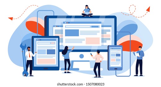 Web development and coding. Cross platform development website. Adaptive layout internet page or web interface on screen laptop, tablet and phone. Small people are working on creating a website